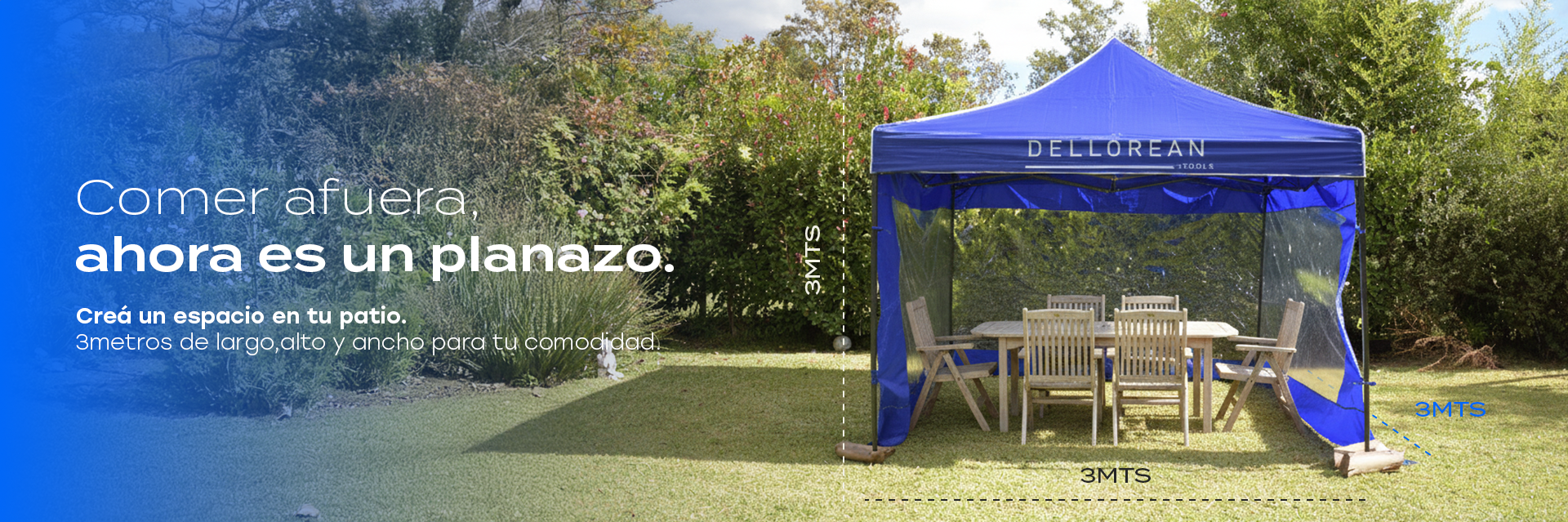 Gazebo Dellorean 3x3: Elegancia y Protección en Espacios Exteriores Transformá cualquier jardín, patio o área de camping con este gazebo de aluminio que combina funcionalidad y diseño. Su estructura de 3x3 metros cuenta con techo de poliéster 600D y recubrimiento de PVC que brinda protección eficaz contra el sol intenso y la lluvia, mientras sus paredes transparentes con bordes a color añaden un toque moderno. Ideal para reuniones sociales o momentos de relax en familia, garantizando comodidad y estilo.